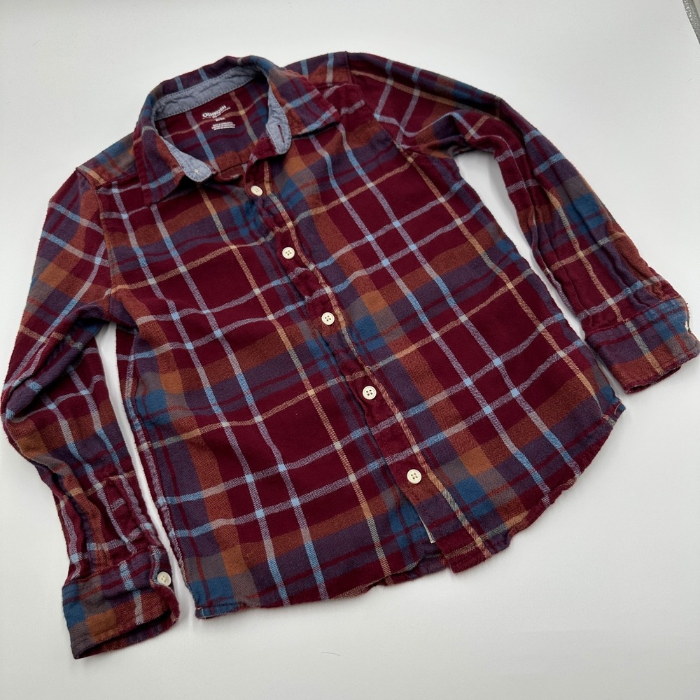 OshKosh Boys 8 Burgundy Plaid Flannel Shirt Cabincore Fall Button Down Cotton